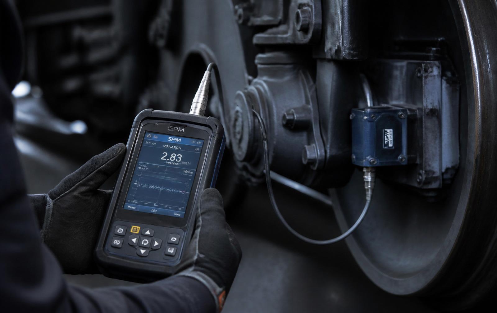 Technician taking a measurement on a train bogie with a handheld instrument connected to a sensor unit
